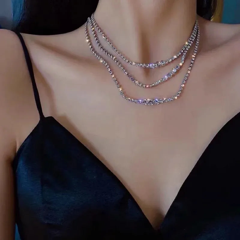 Tassel Rhinestone Silver Plated Choker