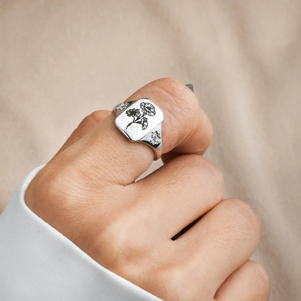 Custom Birth Flower Ring – Personalized Floral Design Ring with Engraved Birth Month Flower, Perfect Gift for Any Occasion TJ