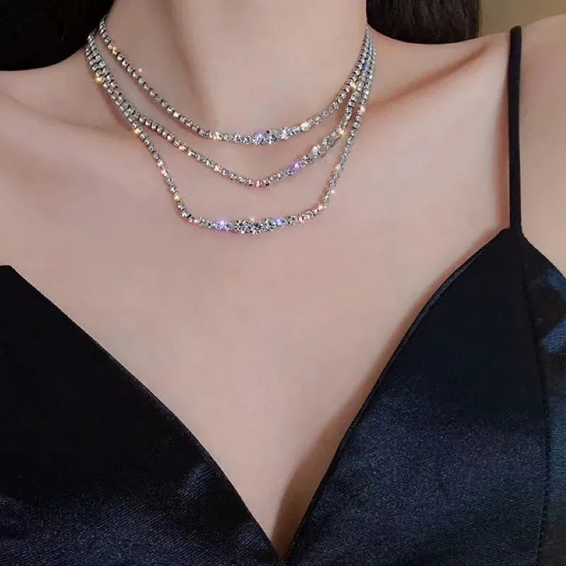 Tassel Rhinestone Silver Plated Choker