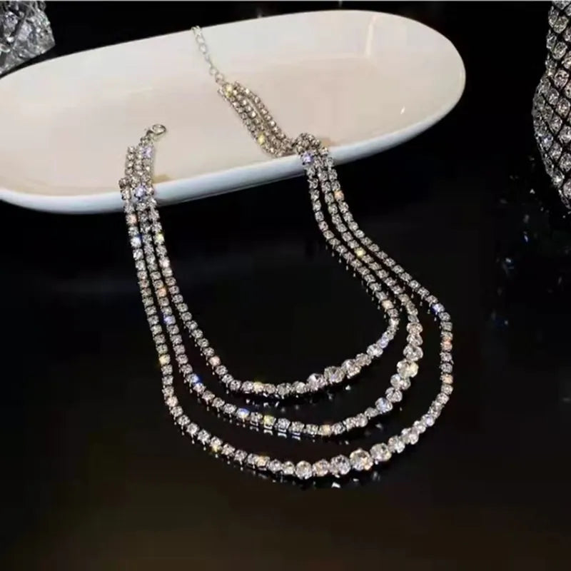 Tassel Rhinestone Silver Plated Choker