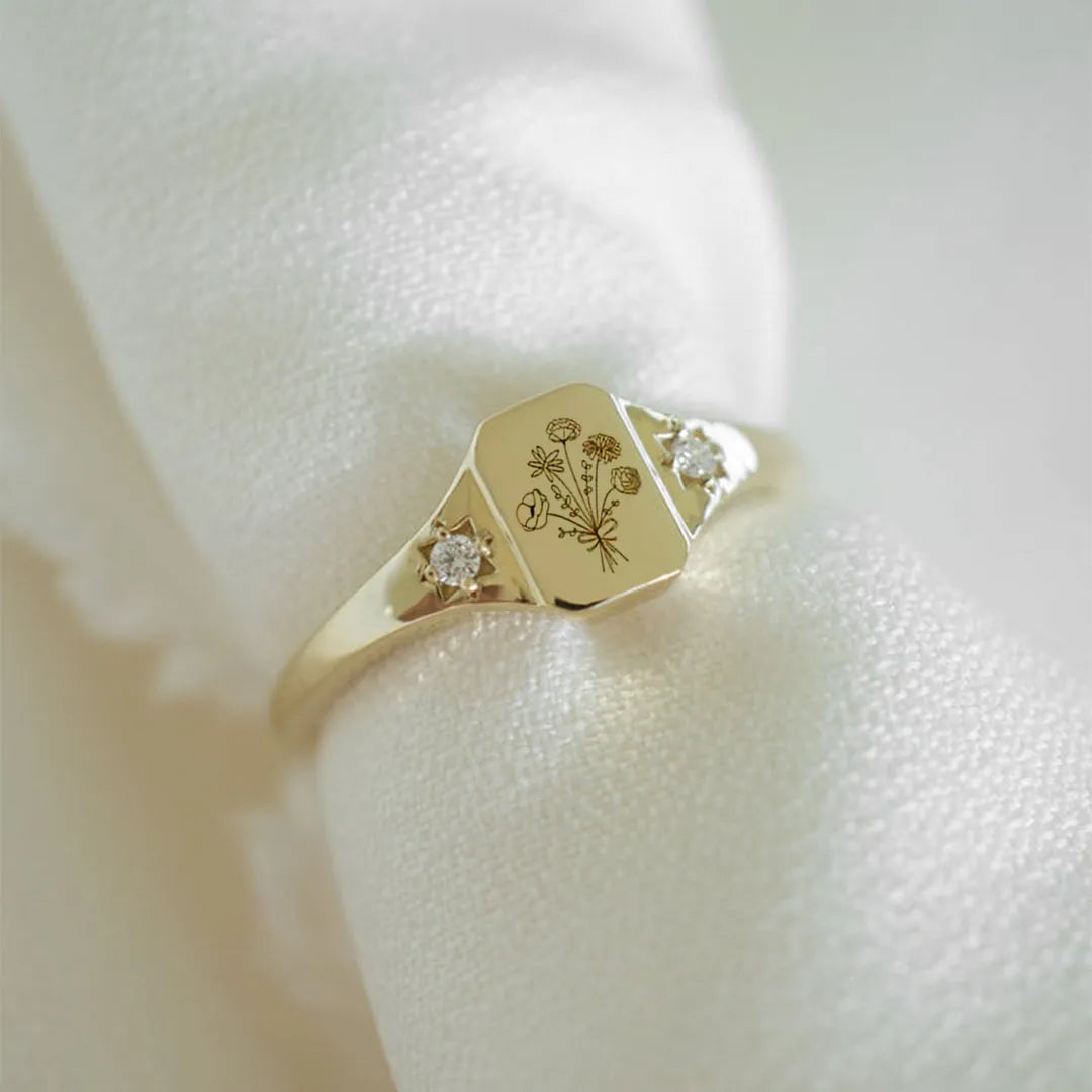 Custom Birth Flower Ring – Personalized Floral Design Ring with Engraved Birth Month Flower, Perfect Gift for Any Occasion TJ