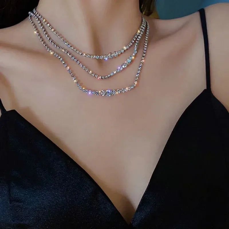 Tassel Rhinestone Silver Plated Choker