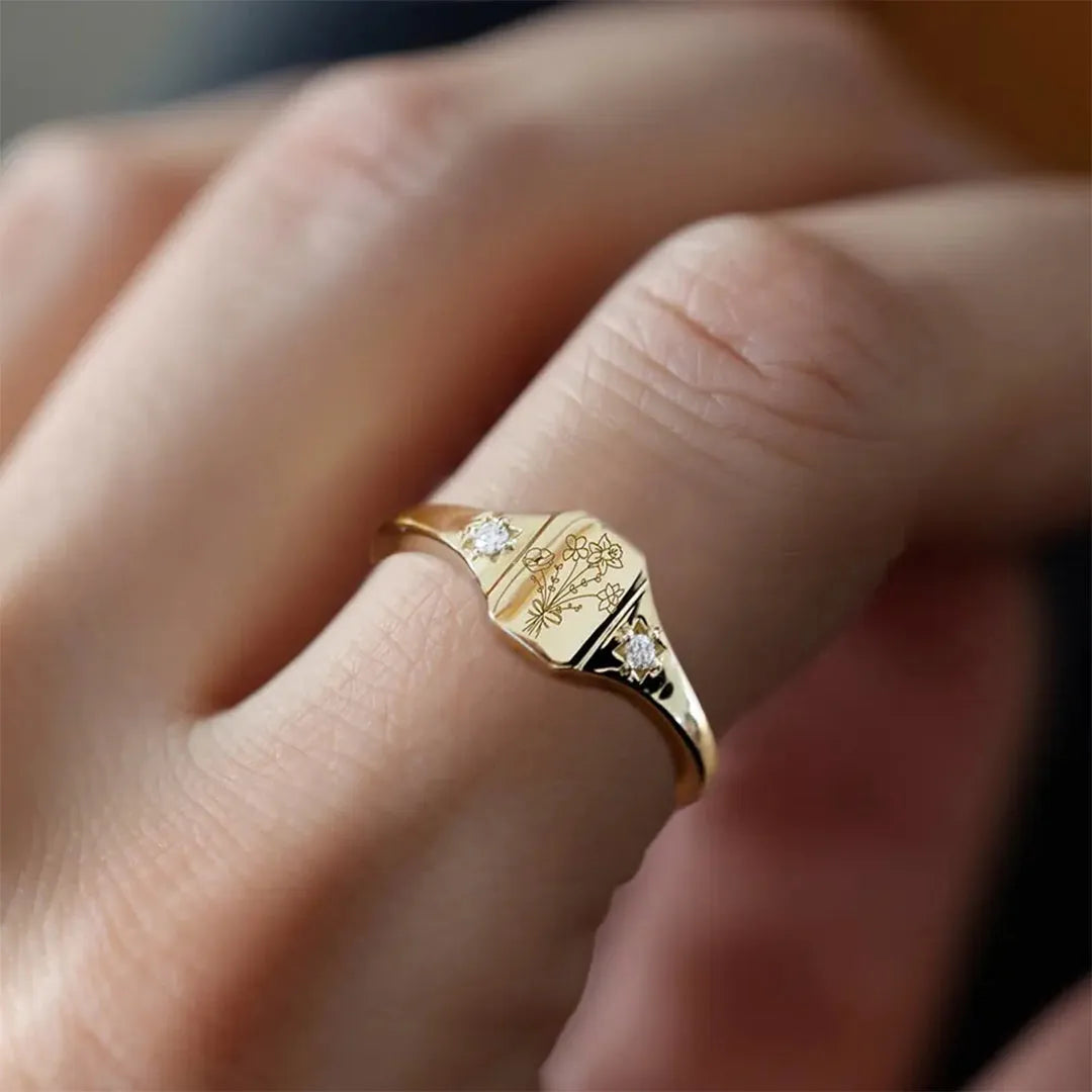 Custom Birth Flower Ring – Personalized Floral Design Ring with Engraved Birth Month Flower, Perfect Gift for Any Occasion TJ