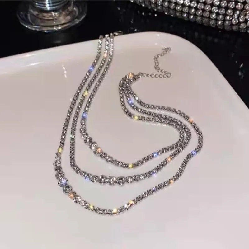 Tassel Rhinestone Silver Plated Choker